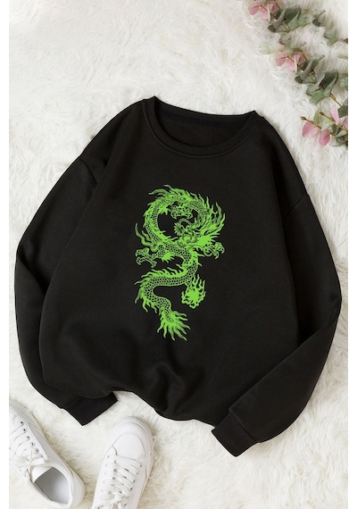 Unisex Chinese Dragon Bisiklet Yaka Sweatshirt Siyah