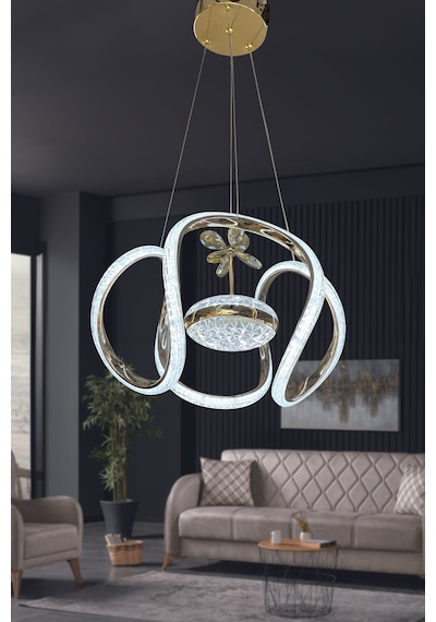 Dünya Eliza Simli Slikonlu Tek Toplu Modern Oturma Led Avizesi - Kumandasız / Gold Gold
