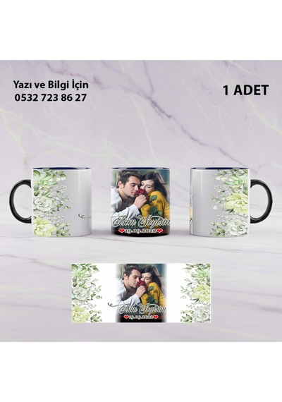 Kişiye Özel İsimli Yaprak Desenli Fotoğraflı Öğretmene -arkadaşa Hediyelik Renkli Kupa Bardak Siyah