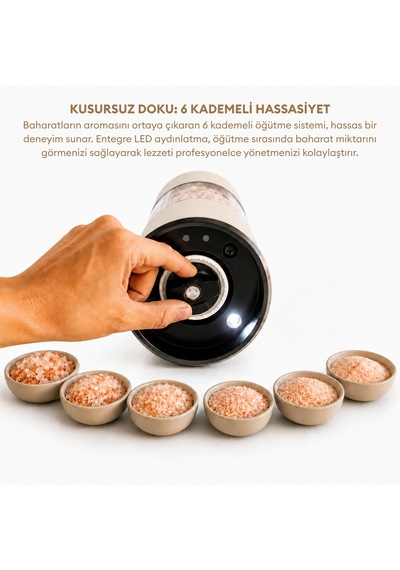 Pizen Windmill Usb Şarjlı Otomatik Baharat Öğütücü Led Işıklı Ayarlanabilir Tuz Karabiber Değirmeni Bej