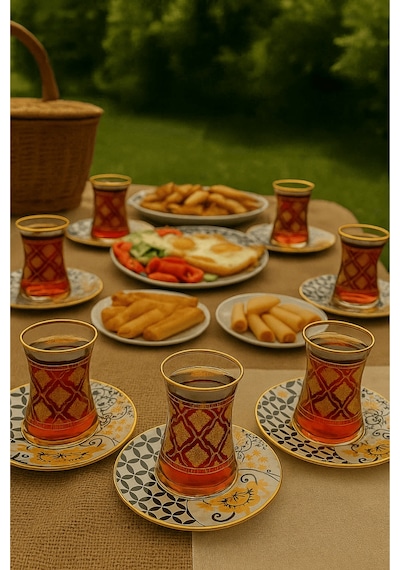 12 Parça Altın Yaldız Desenli İnce Belli Cam Çay Bardağı Ve Tabağı - Çay Takımı Çok Renkli