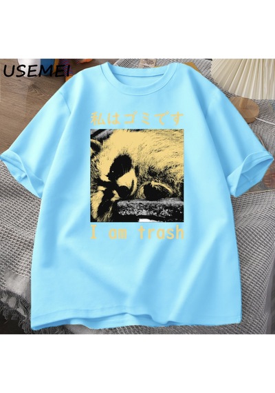 Flood Of Style Ben Çöp Japon Rakun Baskı T-shirt Harajuku Vintage Yüksek Kalite Pamuk Kısa Kollu Tişört Erke Mavi