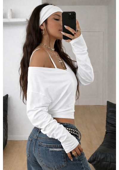 Kadın Beyaz Kruvaze Yaka Uzun Kollu Crop Bluz Beyaz