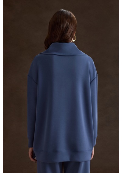 Aker Yakası Ve Yan Yırtmaçları Fermuarlı Modal Sweatshirt İndigo İndigo