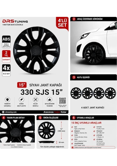 Alfa Romeo Uyumlu 15 Inc Kırılmaz Parlak Siyah Jant Kapağı 1 Takım 4 Adet No:330
