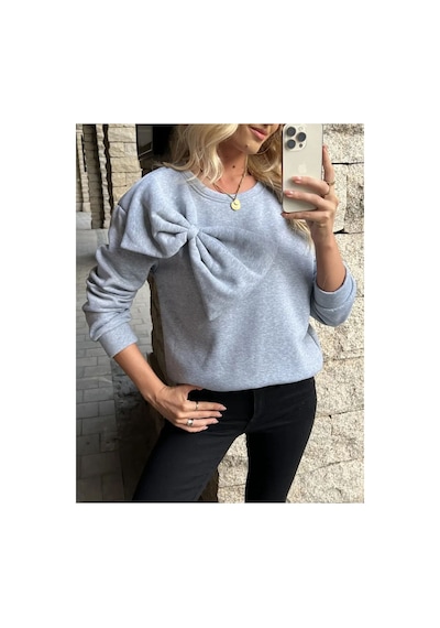 Caddekombin Kadın Büyük Kurdele Detaylı Bisiklet Yaka İçi Yünlü Gri Sweatshirt Gri