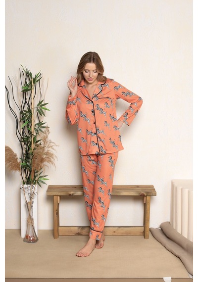 Myben Kadın Kiremit Renkli Düğmeli Zebra Desenli Biyeli Uzun Kollu Pijama Takımı D-10001 Kiremit