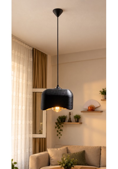 Beton Görünümlü Tekli Kare Sarkıt Avize Modern Bohem Salon Mutfak G95 Rustik Led Ampul Hediyeli Siyah