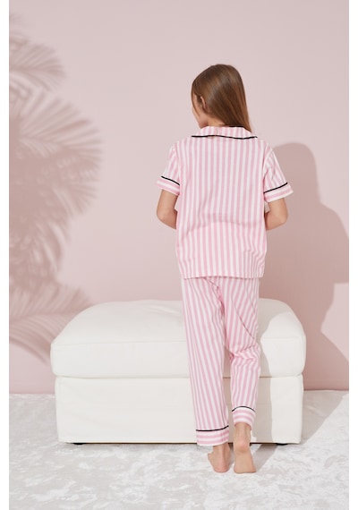 Siyah İnci Pamuklu Likralı Düğmeli Pijama Takım Pembe-beyaz Çizgili