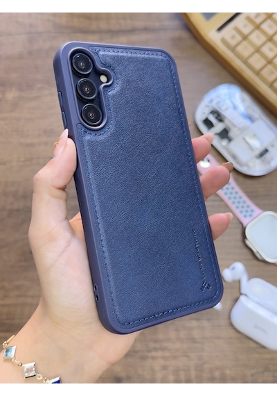 Samsung Galaxy A25 Uyumlu Premium Deri Dokulu Darbelere Karşı Dayanıklı Nazal Silikon Kılıf Lacivert