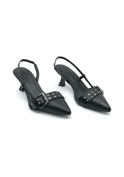 Feles Zımba Toka Detaylı Arkası Açık Stiletto Kadın Topuklu Ayakkabı Siyah