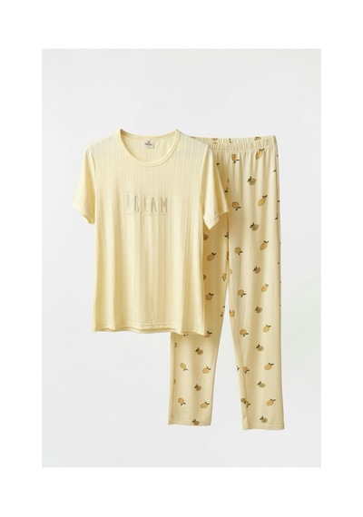 Feg Store Kısa Kollu Limon Desenli Yazlık Alt Üst Kadın Pijama Takımı Sarı
