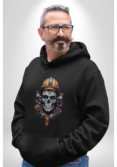 Maden İşcisi Kuru Kafa Kadın Erkek Siyah Kapüşonlu Sweatshirt Hoodie Siyah