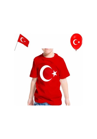 Masho Kids Unisex Baskılı Ay Yıldız Tshirt - Kırmız Renk Baskılı Tişört + Ba