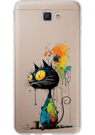 Samsung Galaxy J7 Prime 2 İle Uyumlu Splash Kedi Tasarımlı Şeffaf Silikon Kılıf Şeffaf