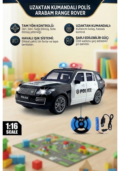 1:16 Ölçekli 2.4 Ghz Full Fonksiyon Range Rover Uzaktan Kumandalı Şarj Edilebilir Polis Aracı Siyah