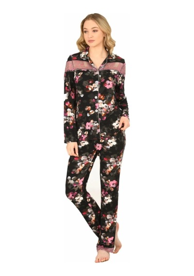 Jiber Kadın Viskon Önü Düğmeli Desenli Kışlık Pijama Takımı 3903 - 1 Adet 001