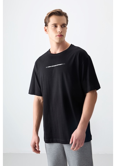 Air Jones Tommy Life Siyah %100 Pamuk Kalın Yumuşak Dokulu Oversize Fit Baskılı Erkek T-shirt - 88358 Siyah