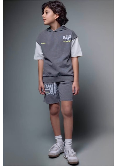 Defacto Oversıze Baskılı Sweatshirt Kumaşı Kısa Kollu Tişört Erkek Çocuk G9737a826smgr452 Gri-gr452