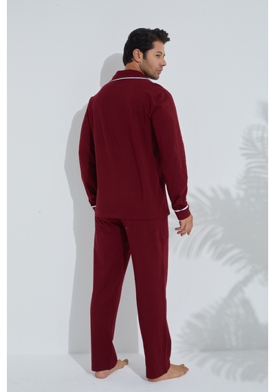 Siyah İnci Erkek Pamuklu Gömlek Yaka Düğmeli Biyeli Pijama Takım Bordo
