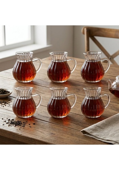 6'li Kulplu Borosilikat Fitil Desenli Cam Çay Bardağı Seti - Şeffaf Ve Isıya Dayanıklı Şık Çay Takımı 180ml Çok Renkli