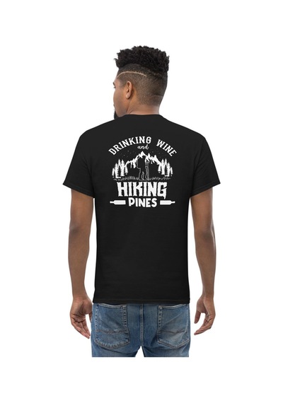 Wildstyle Drinking Wine And Hiking Pines Doğa Yürüyüşü Baskılı Unisex Pamuklu Tişört Siyah
