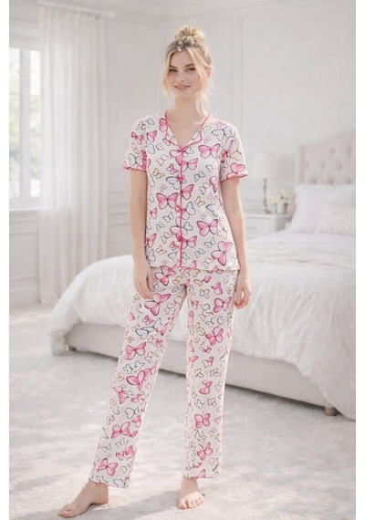 Kadın 01667 Kısa Kol Kaşkorse Pijama Takımı Çok Renkli