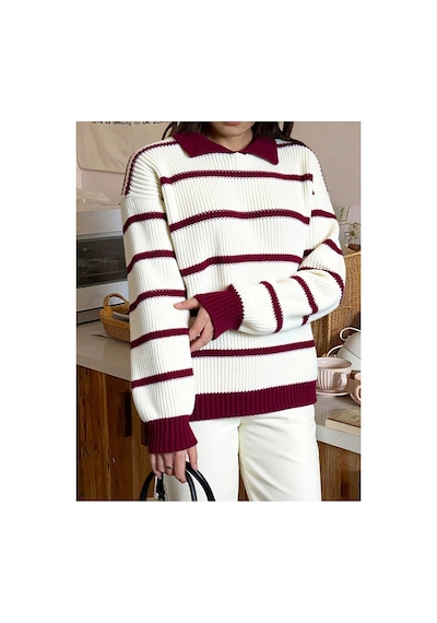 Meecy Selanik Örgü Polo Yaka Oversize Zr Model Kadın Triko Kazak Bej & Bordo Bej & Bordo Meecy Selanik Örgü Polo Yaka Oversize Zr Model Kadın Triko Kazak Bej & Bordo Bej & Bordo