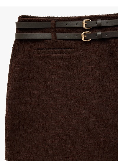 Koton Kemer Detaylı Slim Fit Viskon Karışımlı Mini Etek Kahverengi 6wal70035ık Kahve