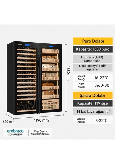Lubinski Siyah Çift Kabin Elektronik Puro Dolabı - Şarap Dolabı Cw1600 Lb-042
