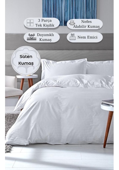 Beyaz Otel Tipi Pamuk Saten Tek Kişilik Nevresim Takımı Beyaz