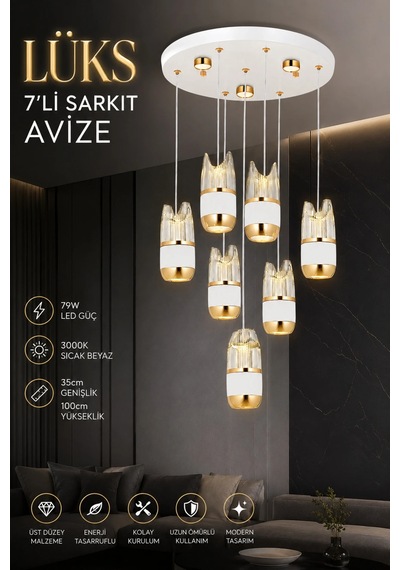 Modern Premium Lüks 7'li Sarkıt Led Avize Gold Beyaz Gövdeli Salon Avizesi 79w 3000k