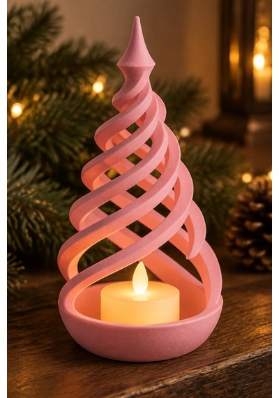 Minimalist Spiral Noel Ağacı Şeklinde Led Mum Tutucu Pembe