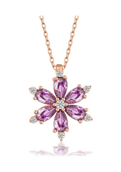 Gümüş Rose Mor Lotus Çiçeği Kadın Kolye Gümüş