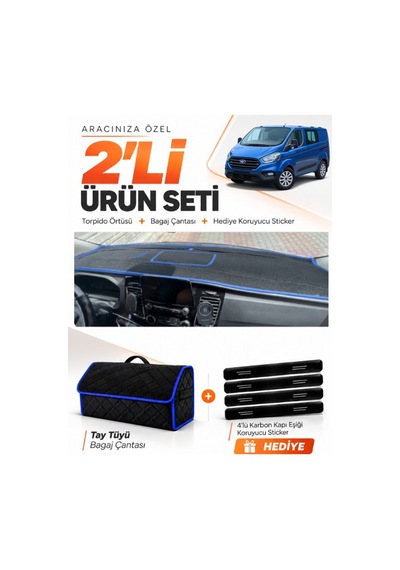 Ford Transit Custom 2016-2024 Uyumlu Torpido Örtüsü + Tay Tüyü Bagaj Çantası Seti - Siyah Mavi