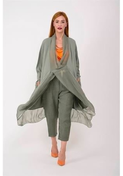 Bohem Stil Italyan Ipek Detaylı Oversize Kaftan & Bluz-8711 Açık Haki
