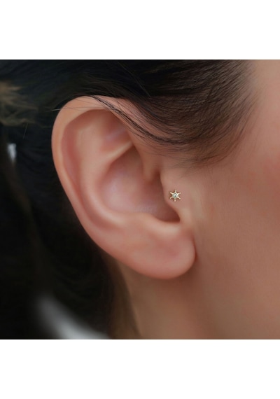 14 Ayar Altın Ortası Taşlı Yıldız Tragus Piercing Sarı