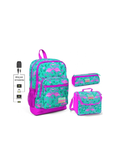 Coral High Yeşil Flamingo Baskılı Kız Çocuk İlkokul Çanta Seti -