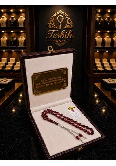 Tesbih Hanesi Ateş Kehribar Tesbih Harfli Kişiye Özel Seri Sıkma Kehribar Tesbih Usta Işi Tesbih Gümüş Kaplama Kırmızı