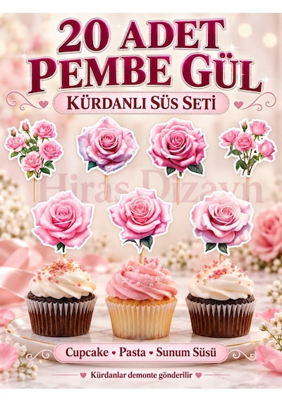 Hiras Dizayn Pembe Gül Kürdanlı Süs Seti 20 Adet Cupcake Pasta Sunum