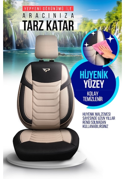 Bej - Siyah Panda Manavgat Serısı Lakos Kumaş Oto Koltuk Kılıfı - Tam Set