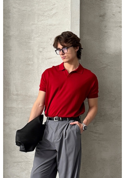 Erkek Oversize Pamuklu Polo Yaka Triko T-shirt Kırmızı