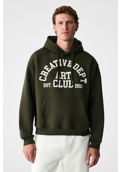 Grımelange Cassıan Erkek Önü Kabaran Baskılı Kapüşonlu Kordonlu Kanguru Cepli Haki Sweatshirt Haki