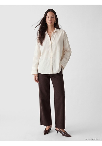 Lcw Everyday Ekru Çizgili Oversize Kadın Gömlek