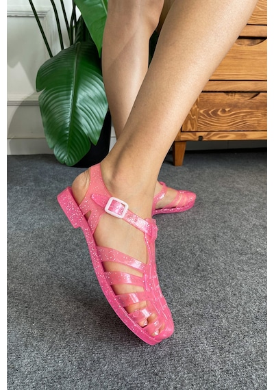 Ruby Simli Pembe Kemer Detay Kadın Sandalet Simli Pembe