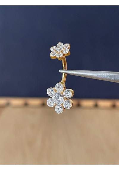 %100 G23 Titanyum Ful Zirkon Taşlı Çiçek Model Işıl Işıl Titanyum Göbek Piercingi Gümüş - Mor