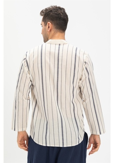 Uzun Kol Şile Bezi Hakim Yaka Erkek Tshirt Ekru Gri Çizgili 3028