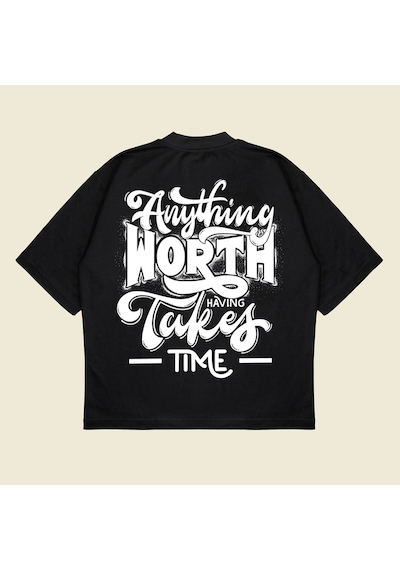Startmore Anythingworth Baskılı Oversize Unisex Pamuklu Nefes Alan Kalın Kumaşlı Siyah