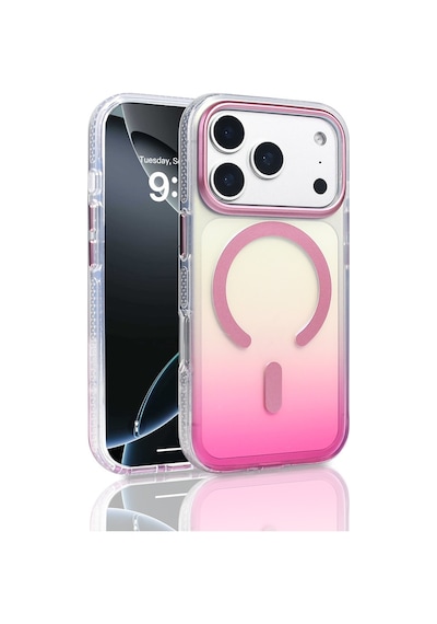 Apple Uyumlu iPhone 17 Pro Kılıf M-safe Şarj Özellikli Transparan Renk Geçişli Zore Toros Kapak Rose Pembe