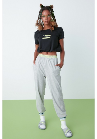 Penti Siyah Bu4u Slogan Kısa Kollu Tişört Pijama Üstü Siyah